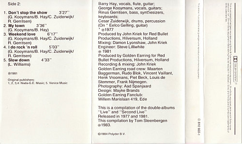 Golden Earring Live Tracks cassette inlay inner 1983 Netherlands